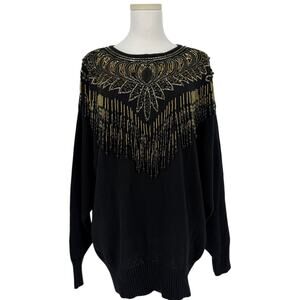 VTG 90s Maurada Gold Fringe Beaded Sweater Women’s XL Holiday Après Ski Glam